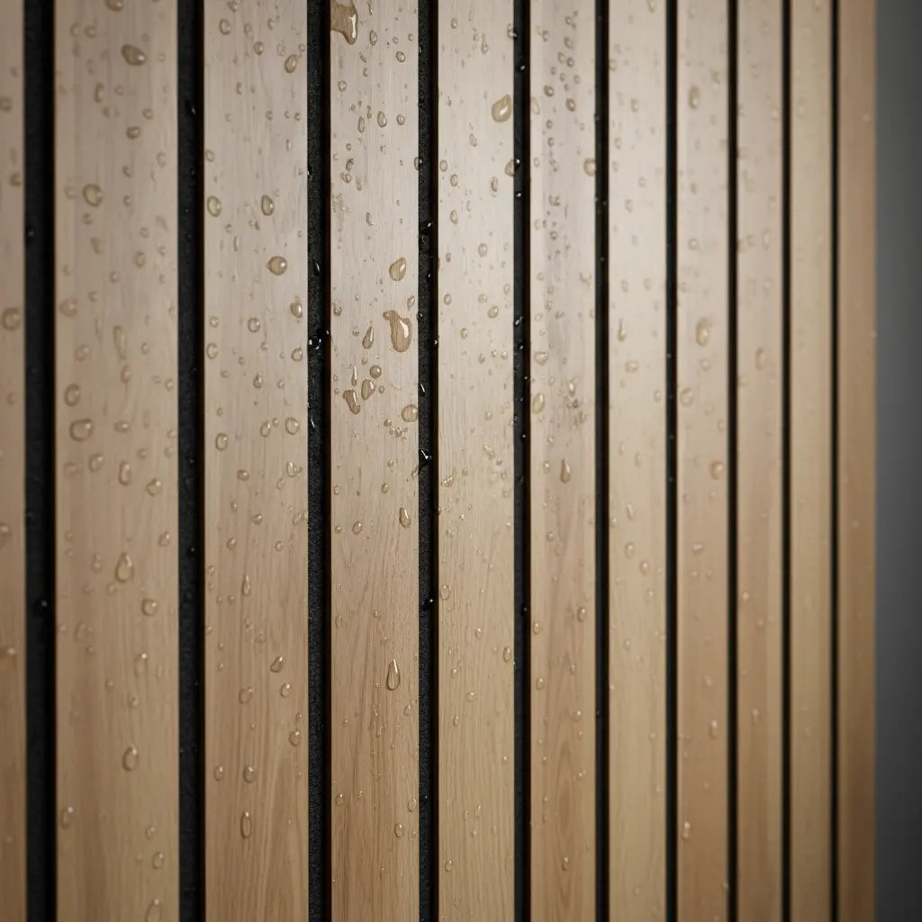 Close-up texture of waterproof oak wood grain PVC slat panel with water droplets, demonstrating moisture resistance for bathroom and shower walls.