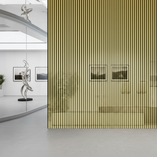 Luxury living room featuring Shiny Gold acoustic slat wall panels as a premium architectural backdrop.