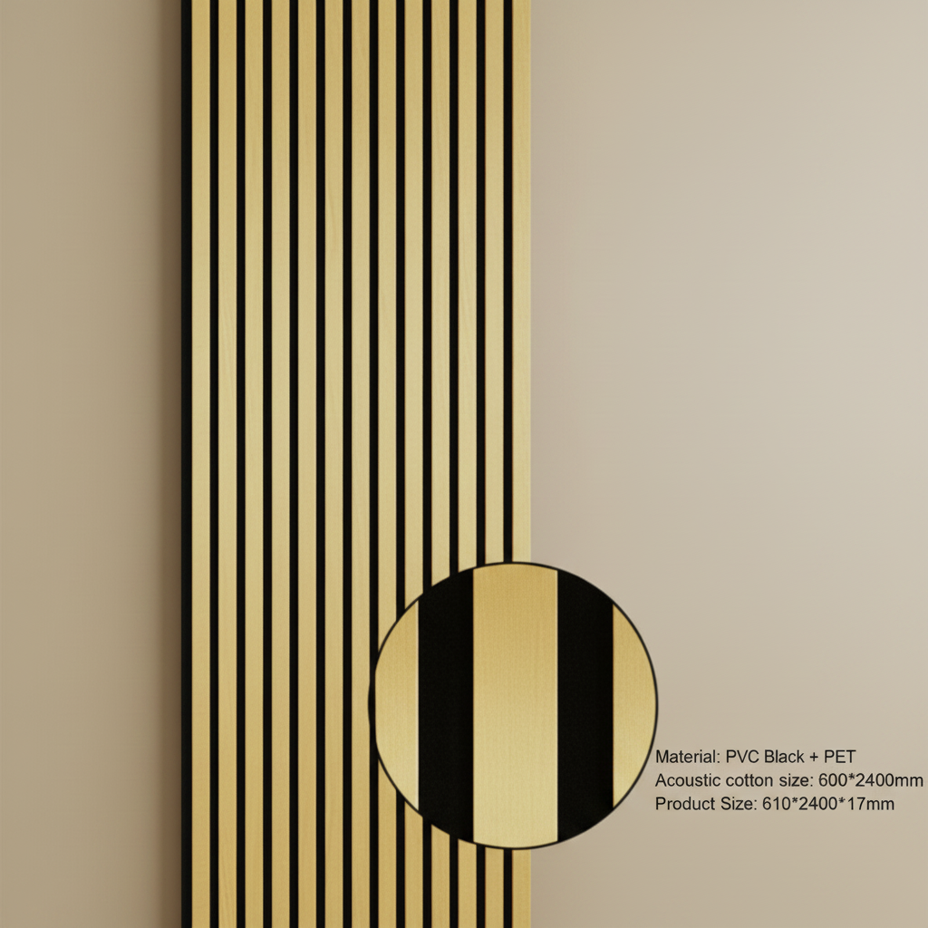 Modern commercial gallery space featuring vertical Shiny Gold acoustic paneling for sound control and elegance.