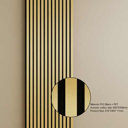 Modern commercial gallery space featuring vertical Shiny Gold acoustic paneling for sound control and elegance.