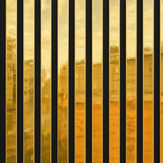 Close-up detail of Shiny Gold acoustic panel showing HDF slats and premium sound-absorbing felt backing.