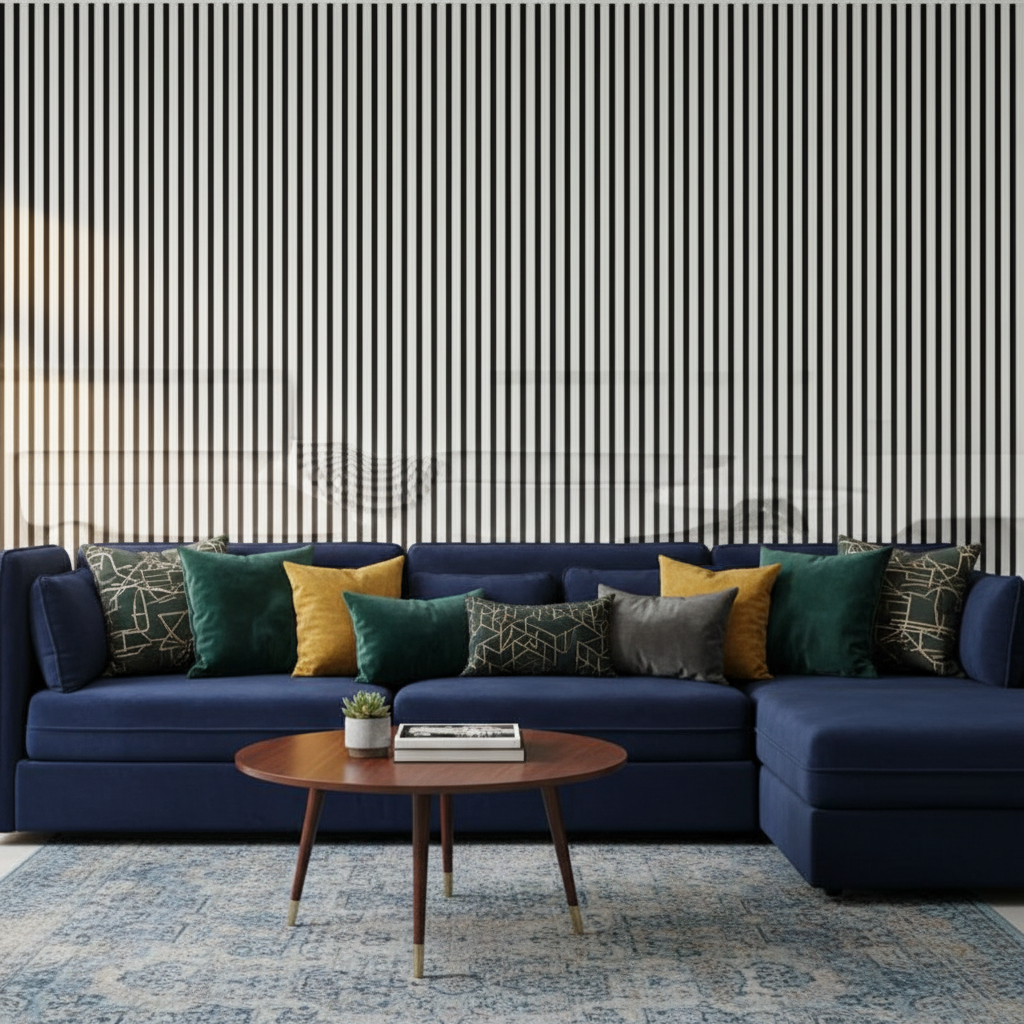 Sophisticated living room interior with Shiny Silver acoustic slat panels for a contemporary architectural aesthetic.