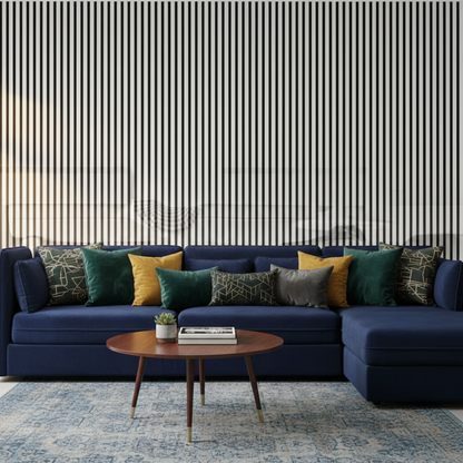 Sophisticated living room interior with Shiny Silver acoustic slat panels for a contemporary architectural aesthetic.