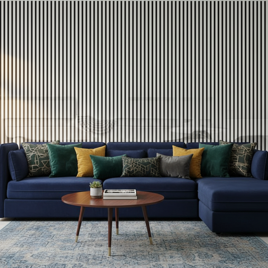 Sophisticated living room interior with Shiny Silver acoustic slat panels for a contemporary architectural aesthetic.