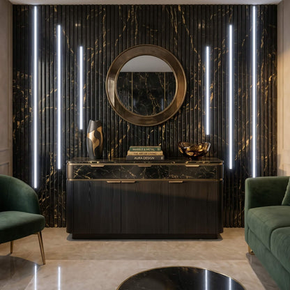 Smart app-controlled white LED lighting strips embedded seamlessly into dark luxury wood slat wall panels behind a modern living room media console.