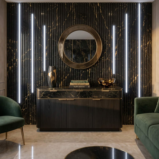 Smart app-controlled white LED lighting strips embedded seamlessly into dark luxury wood slat wall panels behind a modern living room media console.