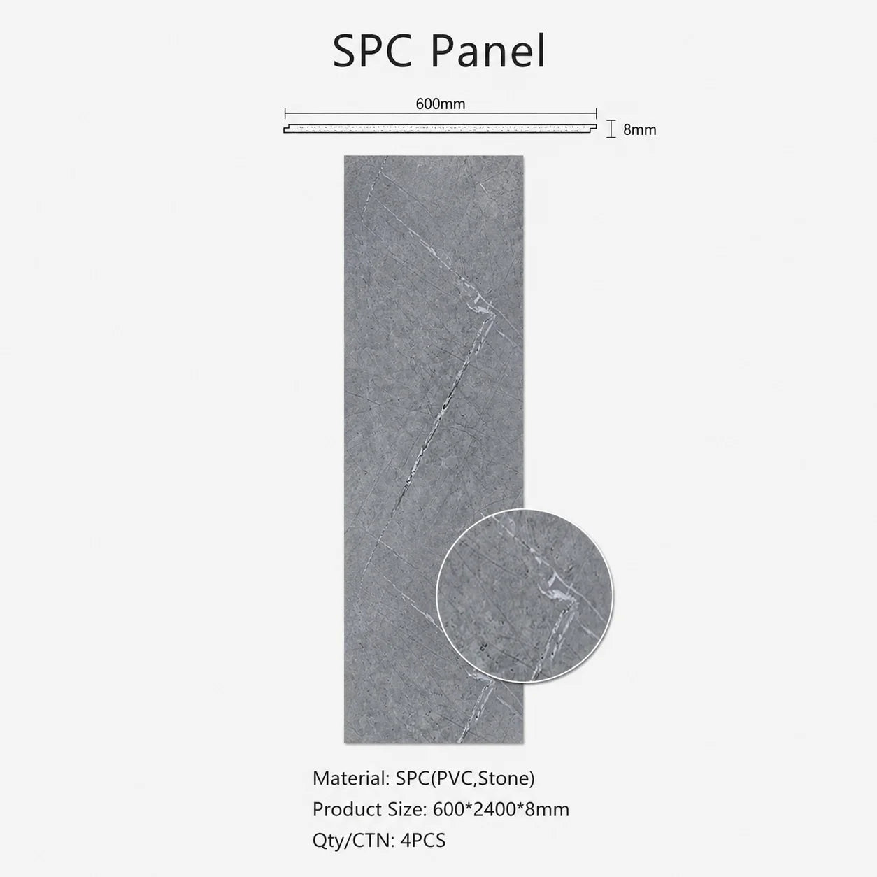 Product specification diagram for a grey marble SPC PVC wall cladding panel, detailing dimensions of 600 by 2400 by 8 millimeters and material composition.