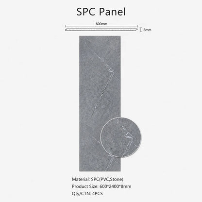Product specification diagram for a grey marble SPC PVC wall cladding panel, detailing dimensions of 600 by 2400 by 8 millimeters and material composition.