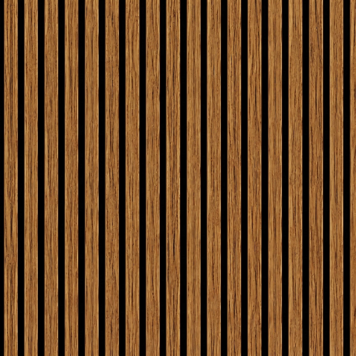 Close-up texture of a teak oak acoustic wall panel showing clean linear HDF slats and black felt grooves.