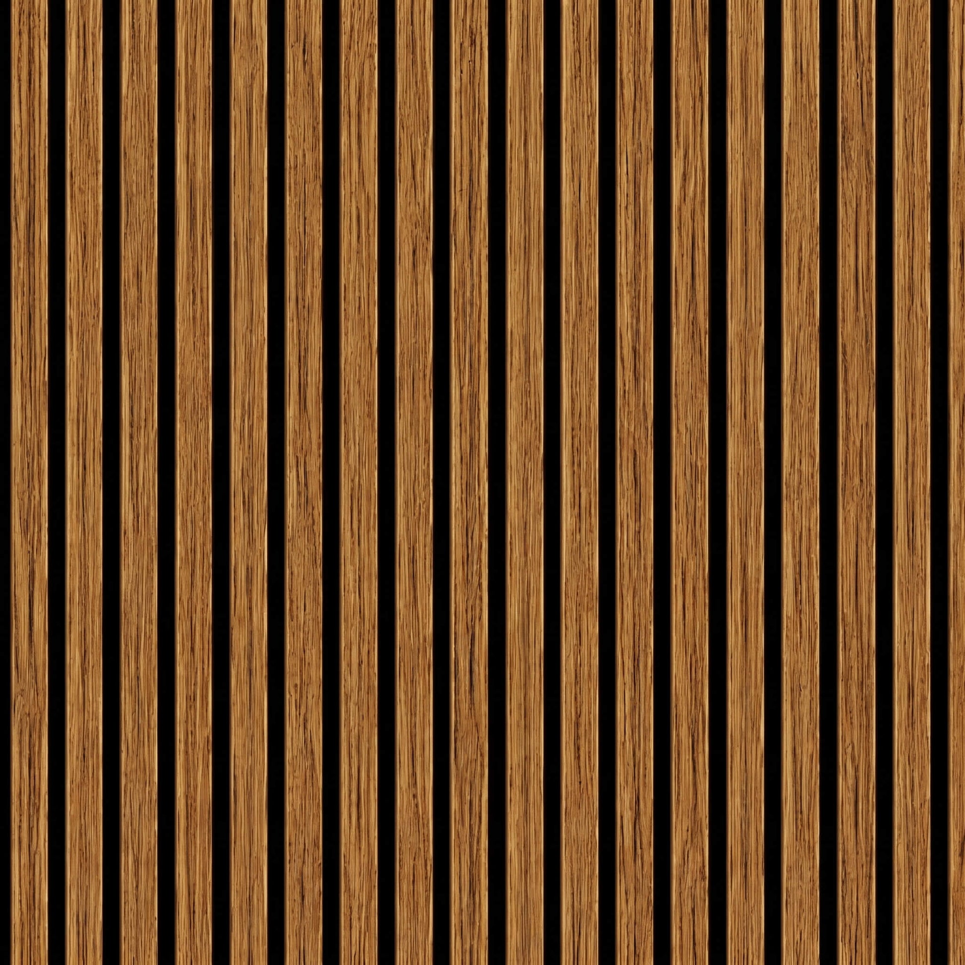Close-up texture of a teak oak acoustic wall panel showing clean linear HDF slats and black felt grooves.