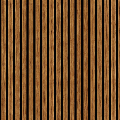 Close-up texture of a teak oak acoustic wall panel showing clean linear HDF slats and black felt grooves.