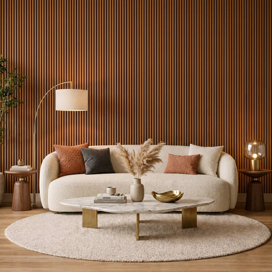 Luxury living room featuring a warm teak oak acoustic slat wall panel behind a white modern sofa.