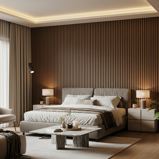 Churchill Panels Walnut acoustic slat wood wall panels used as a full-width headboard feature to create a warm, luxury bedroom atmosphere.