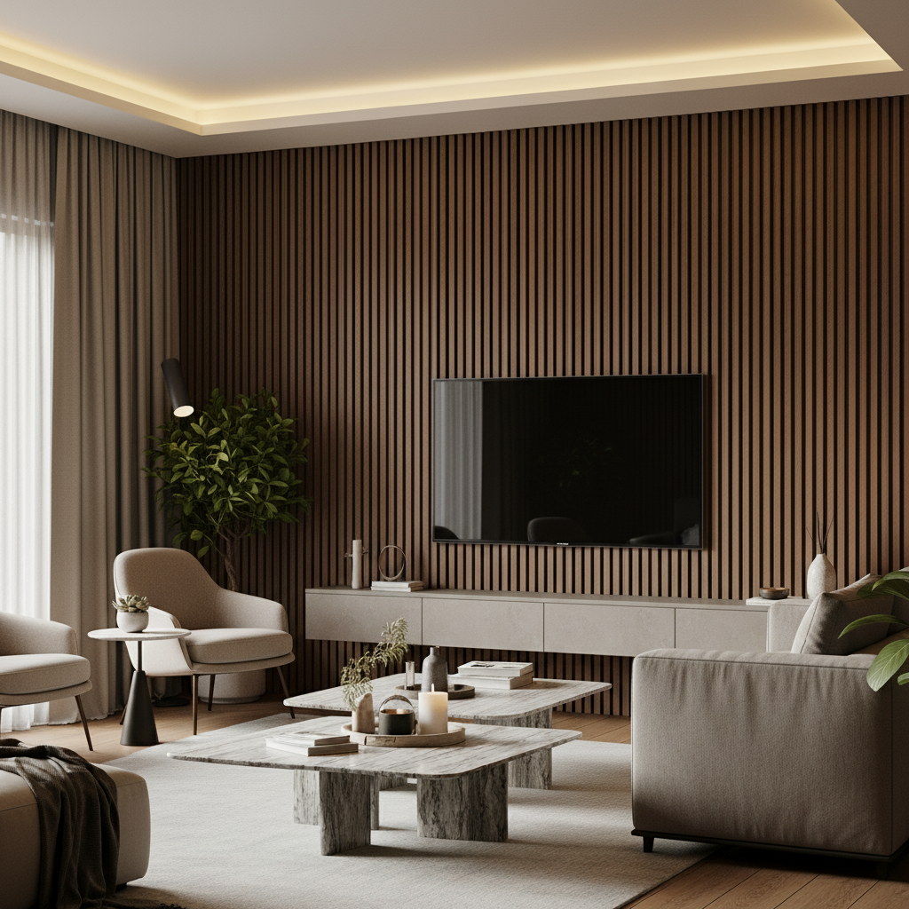 Churchill Panels Walnut wood slat paneling installed as a luxury TV media wall feature in a modern living room with warm ambient lighting.
