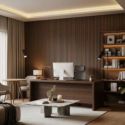 Rich Walnut acoustic panels by Churchill Panels creating a sophisticated and professional architectural backdrop for a minimalist home office.