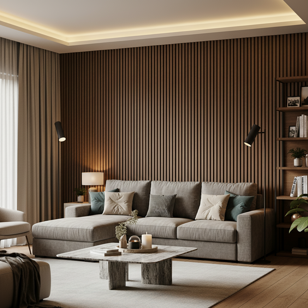 Churchill Panels Walnut wood slat paneling installed as a luxury TV media wall feature in a modern living room with warm ambient lighting.