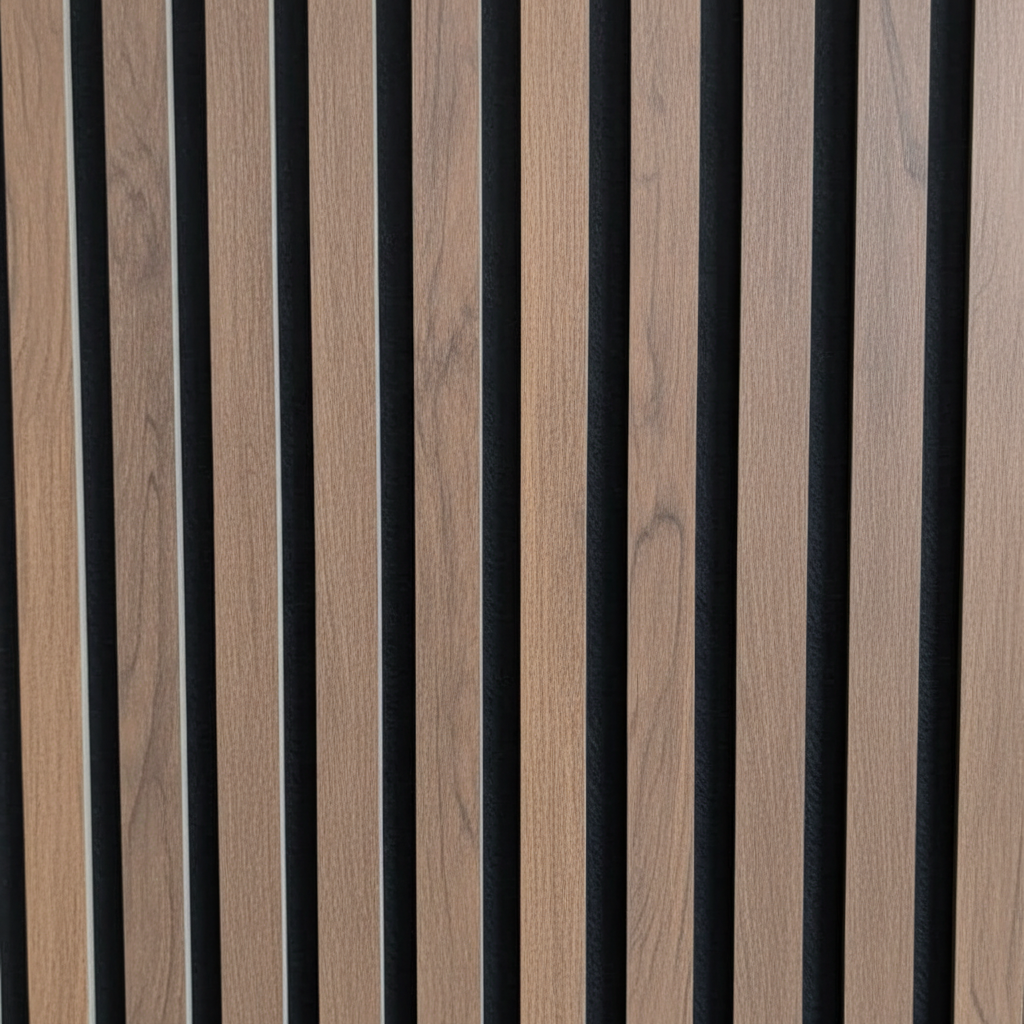 Close-up detail of Churchill Panels Walnut acoustic slat wood panel showcasing the rich natural grain and premium black sound-absorbing felt backing.