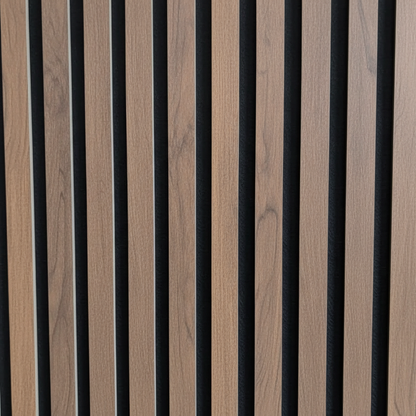 Close-up detail of Churchill Panels Walnut acoustic slat wood panel showcasing the rich natural grain and premium black sound-absorbing felt backing.