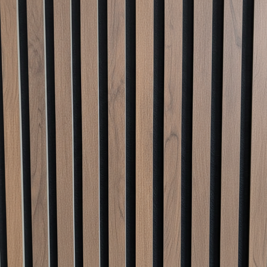 Close-up detail of Churchill Panels Walnut acoustic slat wood panel showcasing the rich natural grain and premium black sound-absorbing felt backing.