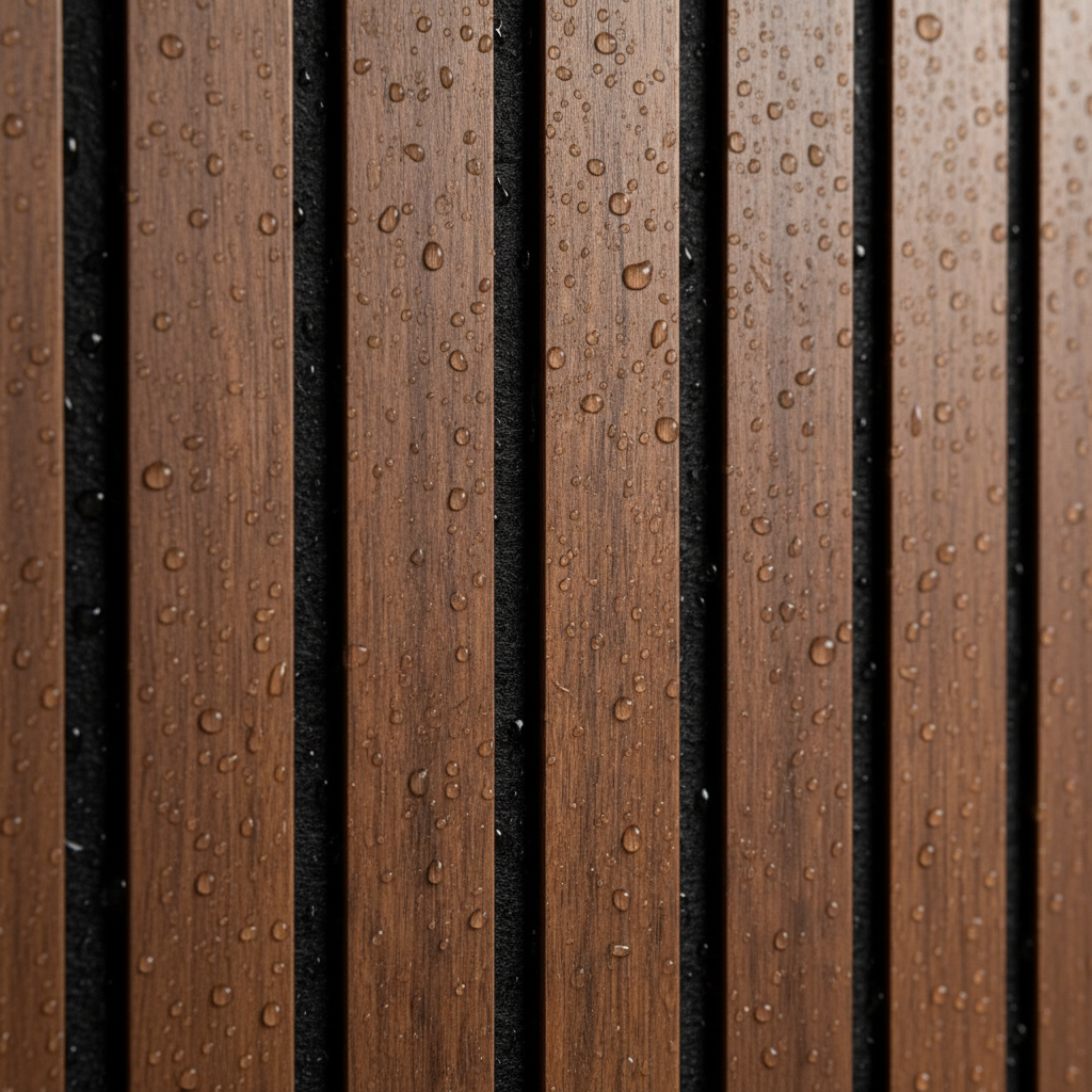Walnut effect PVC wall panel close-up showing high-definition wood finish and slat gap.