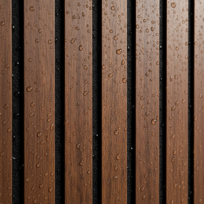 Walnut effect PVC wall panel close-up showing high-definition wood finish and slat gap.