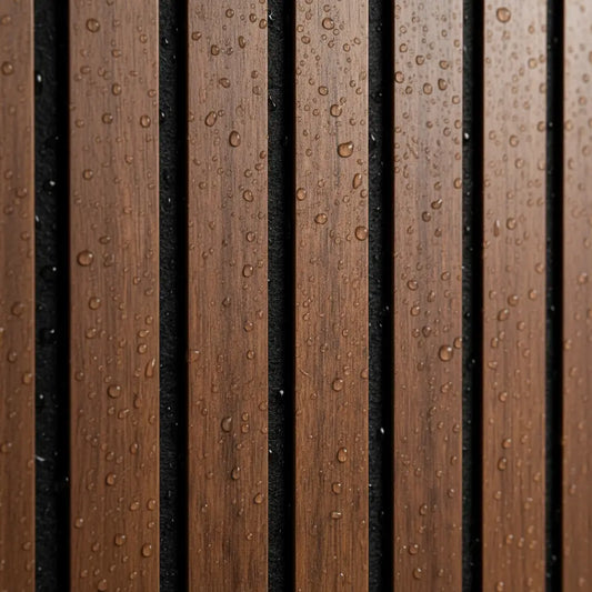 Detailed close-up of a luxury finish walnut PVC slat panel with water droplets, highlighting the rich wood grain texture and water-repellent surface.