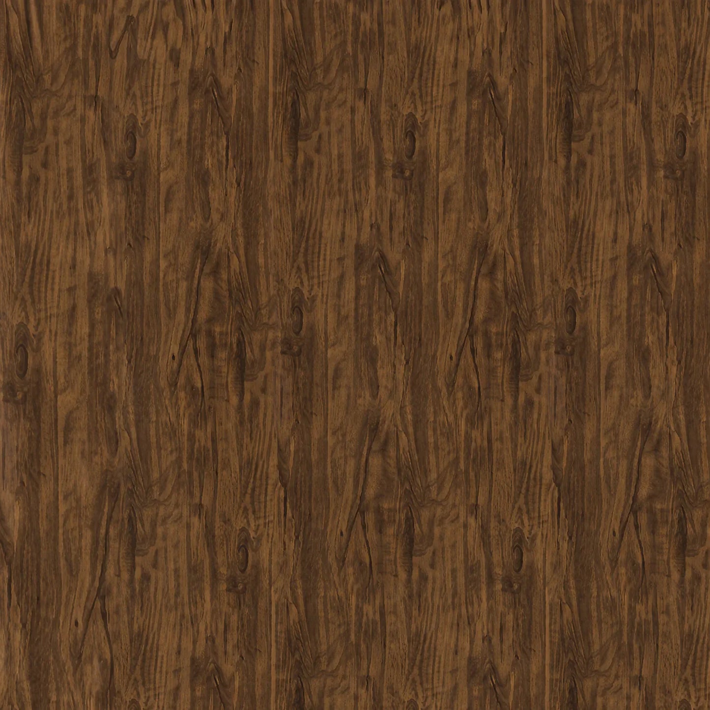 Close-up seamless texture of a walnut wood grain PVC wall cladding board, showing realistic dark brown timber knots and deep organic grain patterns for interior design.