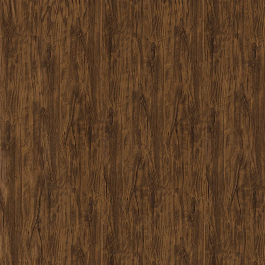 Close-up seamless texture of a walnut wood grain PVC wall cladding board, showing realistic dark brown timber knots and deep organic grain patterns for interior design.
