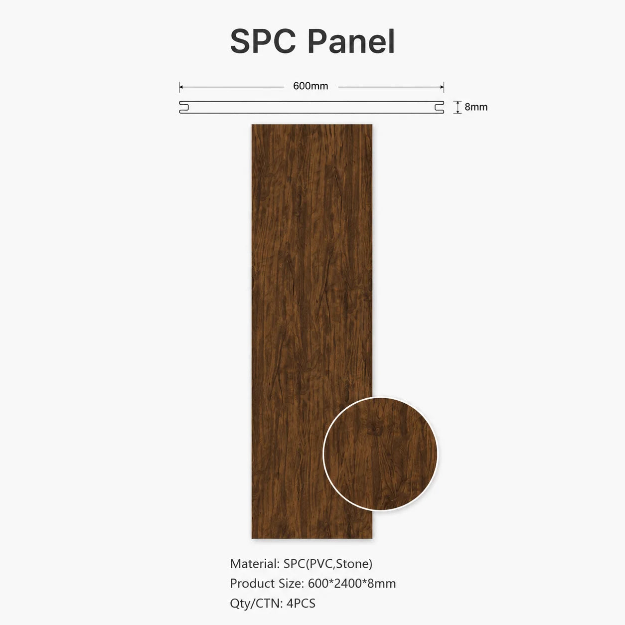 Technical specifications diagram for a walnut wood effect SPC PVC wall panel, highlighting dimensions of 600 by 2400 by 8 millimeters and a 4-pack carton details.