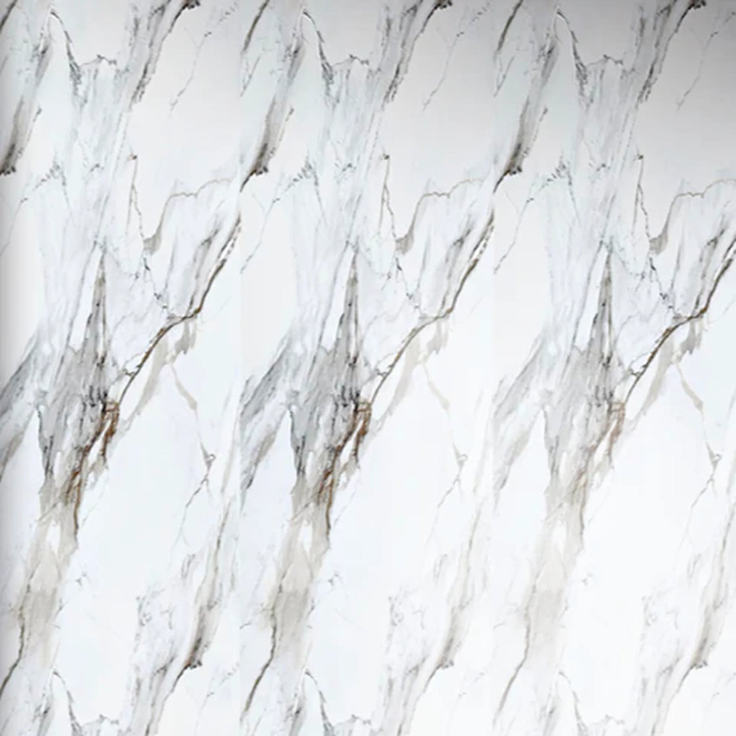 Close-up seamless texture of a white and gold marble PVC wall cladding board, showing realistic dramatic grey and golden veins for elegant interior surfaces.