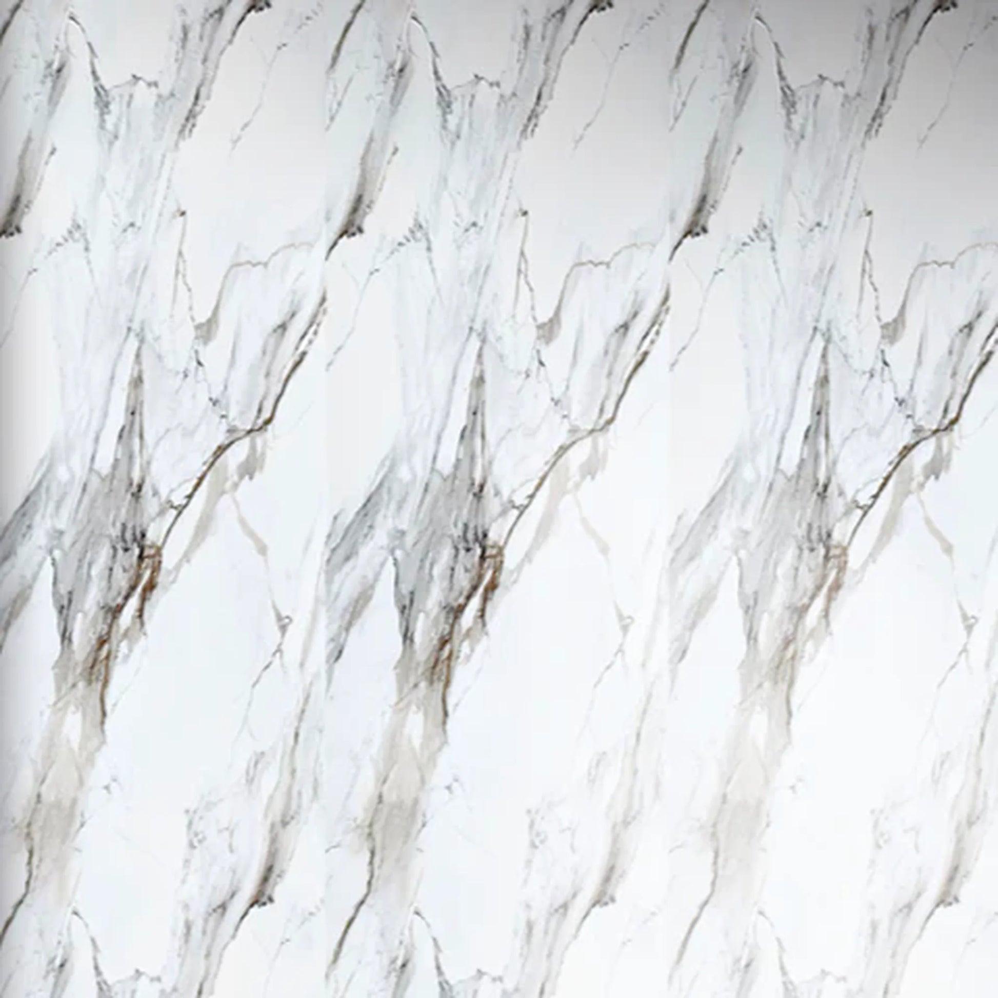 Close-up seamless texture of a white and gold marble PVC wall cladding board, showing realistic dramatic grey and golden veins for elegant interior surfaces.