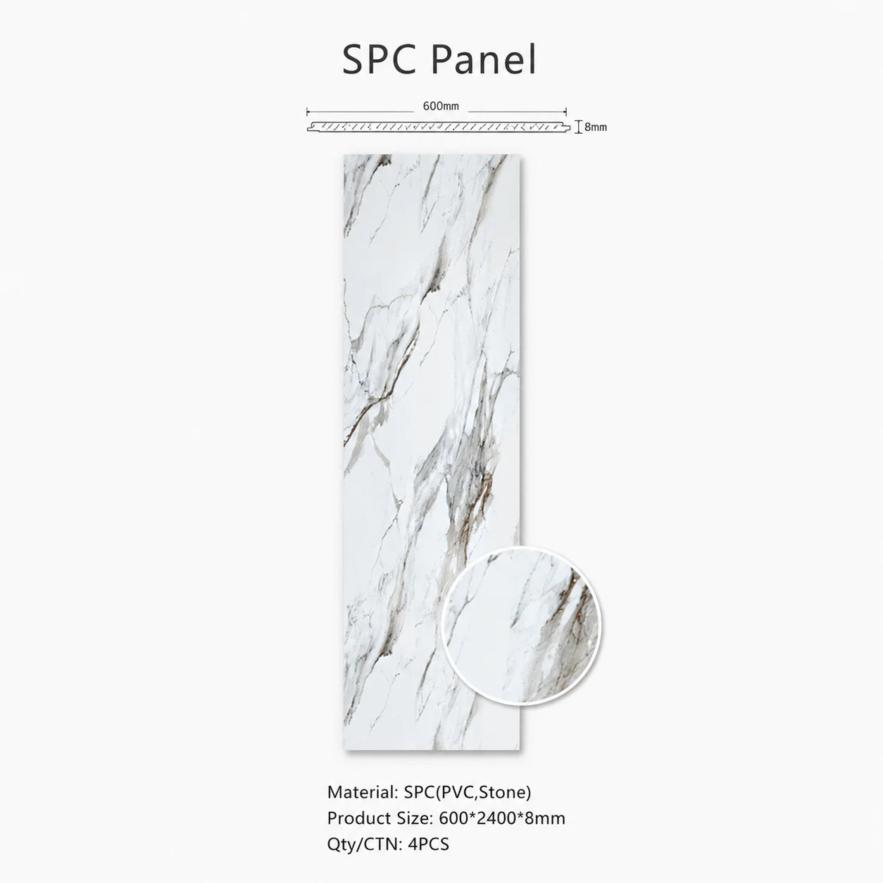 Technical specifications sheet for a white and gold marble SPC PVC wall panel, outlining dimensions of 600 by 2400 by 8 millimeters and a 4-pack carton details.