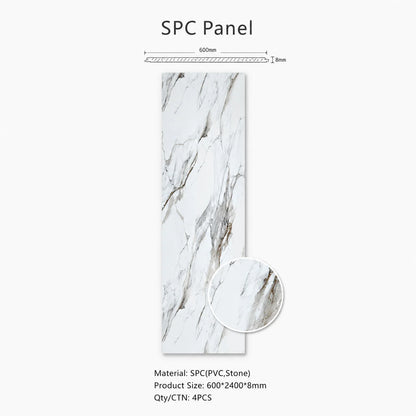 Technical specifications sheet for a white and gold marble SPC PVC wall panel, outlining dimensions of 600 by 2400 by 8 millimeters and a 4-pack carton details.