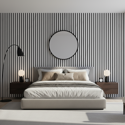 Churchill Panels White Marble slat wood wall paneling installed as a decorative headboard feature wall in a minimalist, contemporary bedroom.