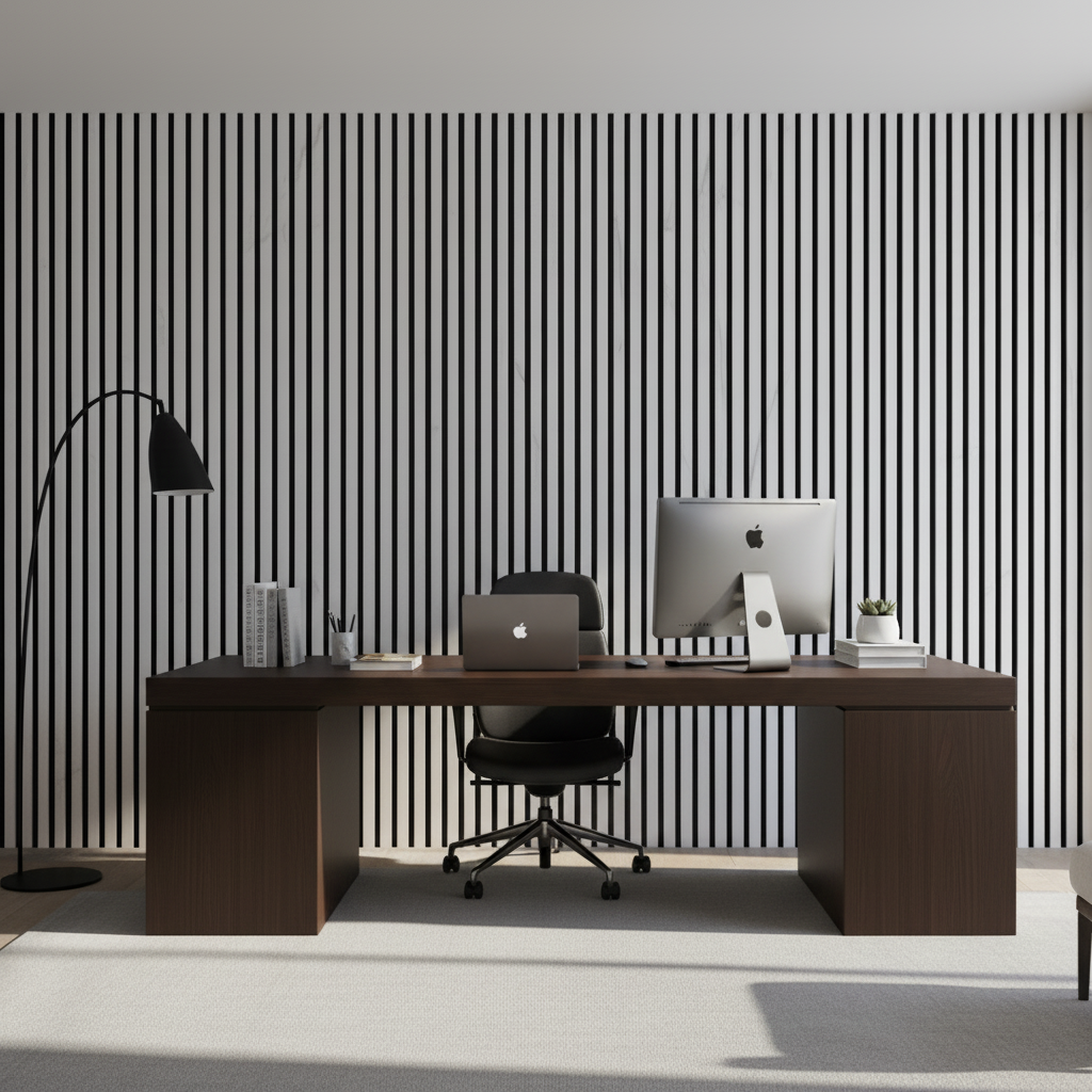 Luxury White Marble acoustic slat wood wall panels by Churchill Panels providing a bright and professional backdrop for a modern home office setup.