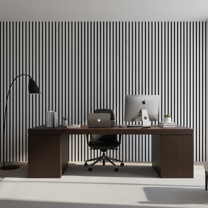 Luxury White Marble acoustic slat wood wall panels by Churchill Panels providing a bright and professional backdrop for a modern home office setup.