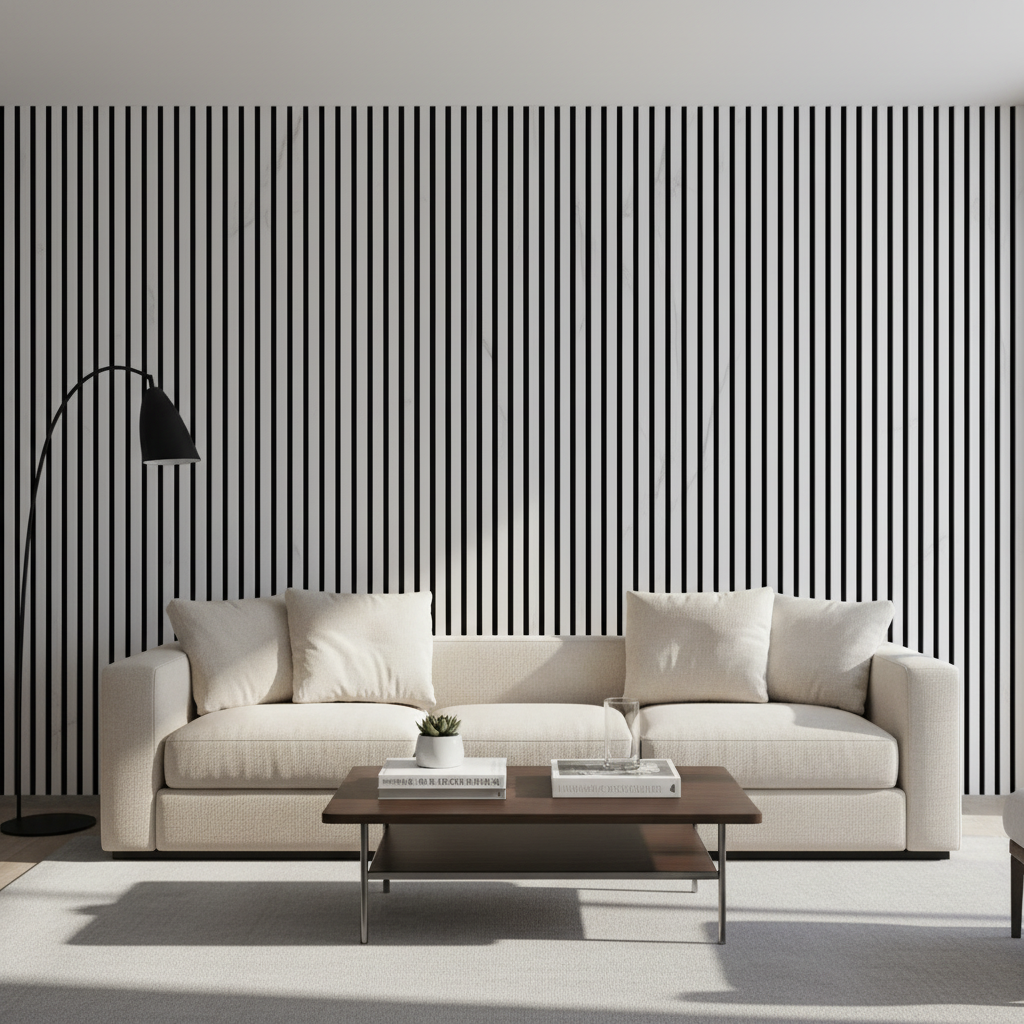 High-end White Marble wood slat wall feature by Churchill Panels installed behind a cream sofa to create a bright and airy living room aesthetic.