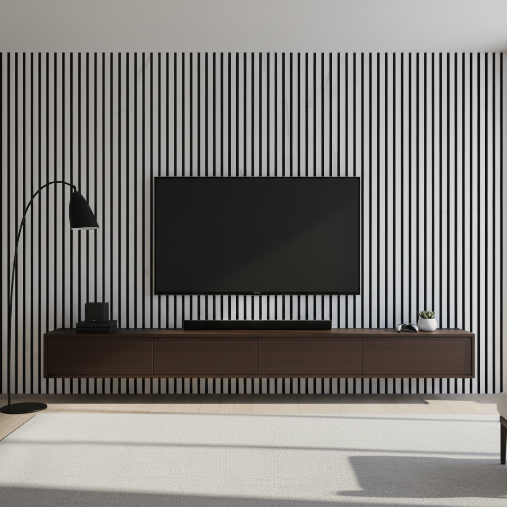 Modern White Marble acoustic panels by Churchill Panels used as a sophisticated TV media wall backdrop with a floating dark wood console.