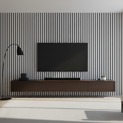 Modern White Marble acoustic panels by Churchill Panels used as a sophisticated TV media wall backdrop with a floating dark wood console.
