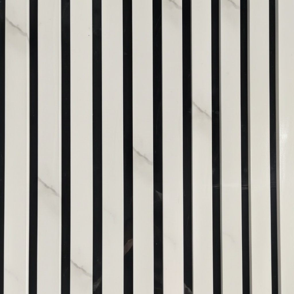 Close-up detail of Churchill Panels White Marble slat wood panel showing the realistic grey marble veining and premium acoustic felt backing.